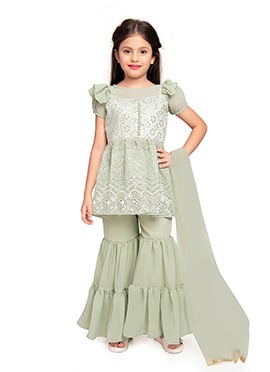 Pista Green Georgette Mirror Embroidery Gharara Suit