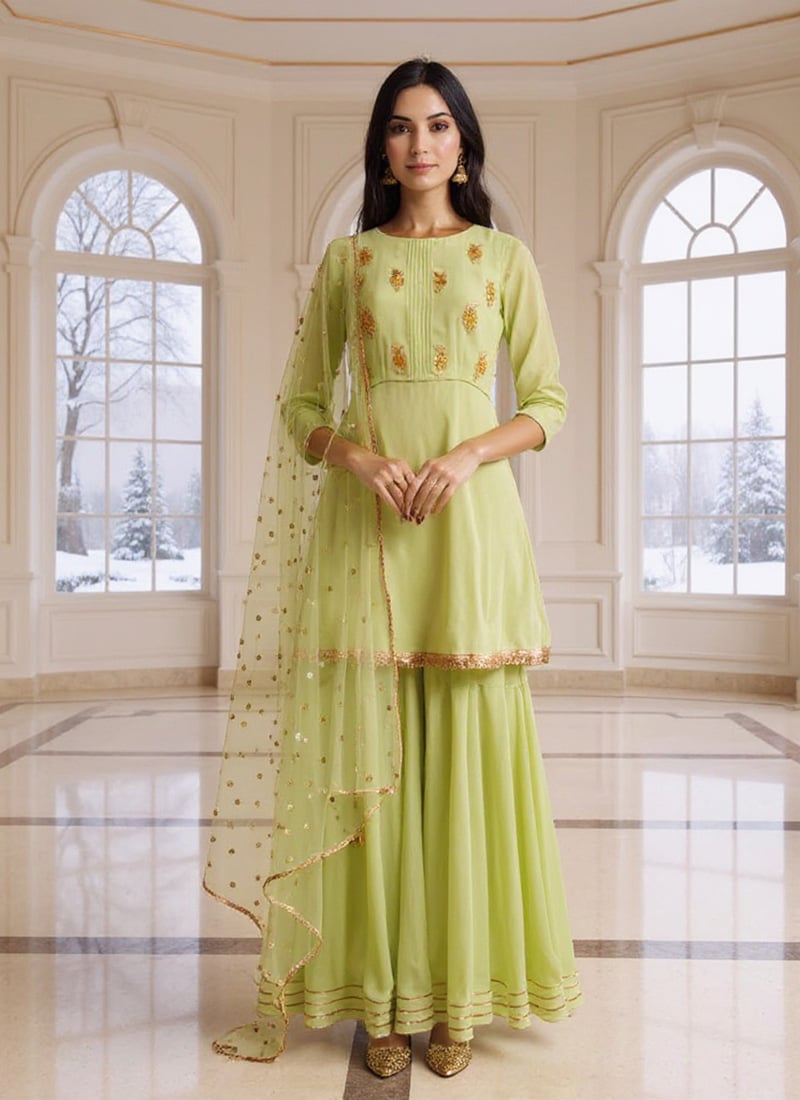 Pista Green Georgette Sequins Gota Hand Embroidered Sharara Suit Festive Wear