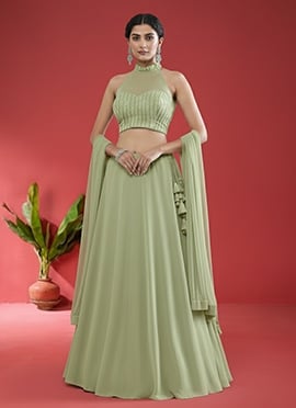 Pista Green Georgette Stones Hand Embroidered Lehenga