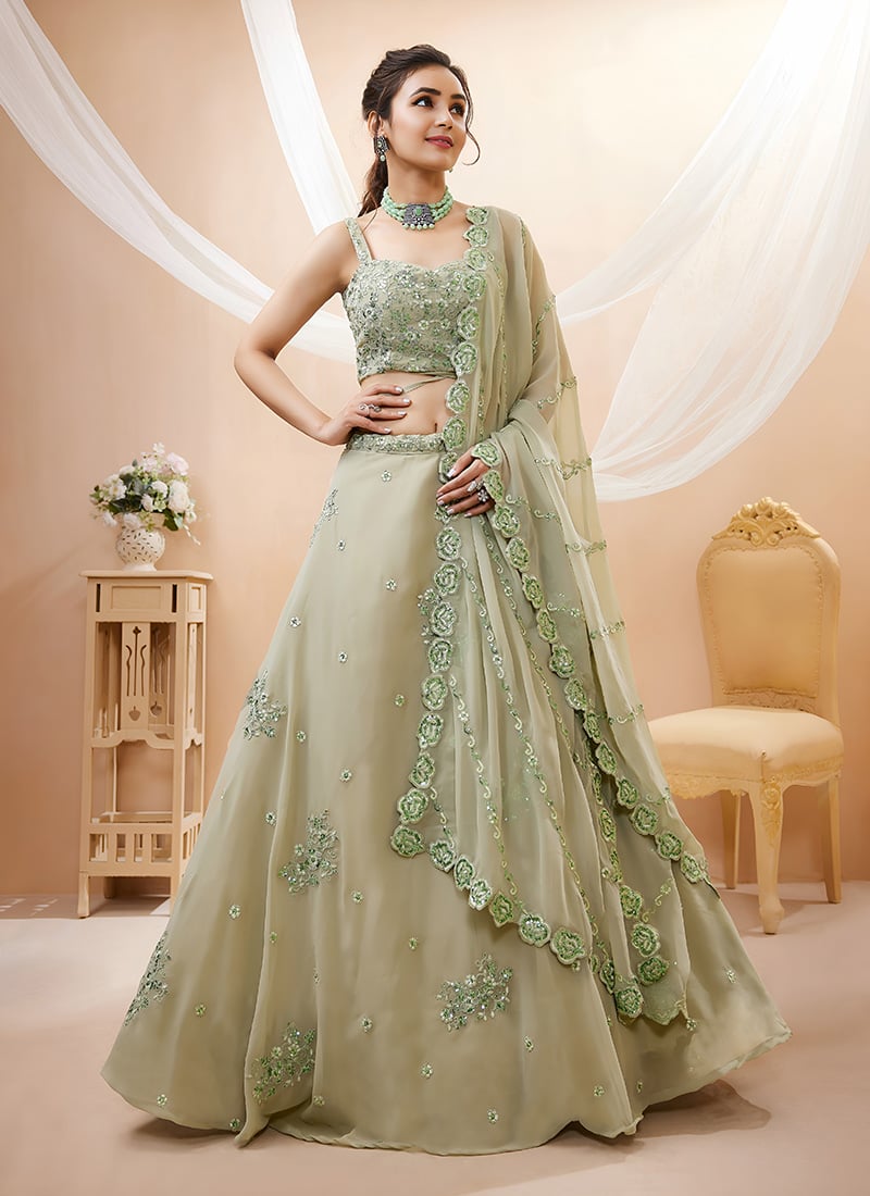 Pista Green Georgette Zari Embroidered Sequins Lehenga Wedding Wear