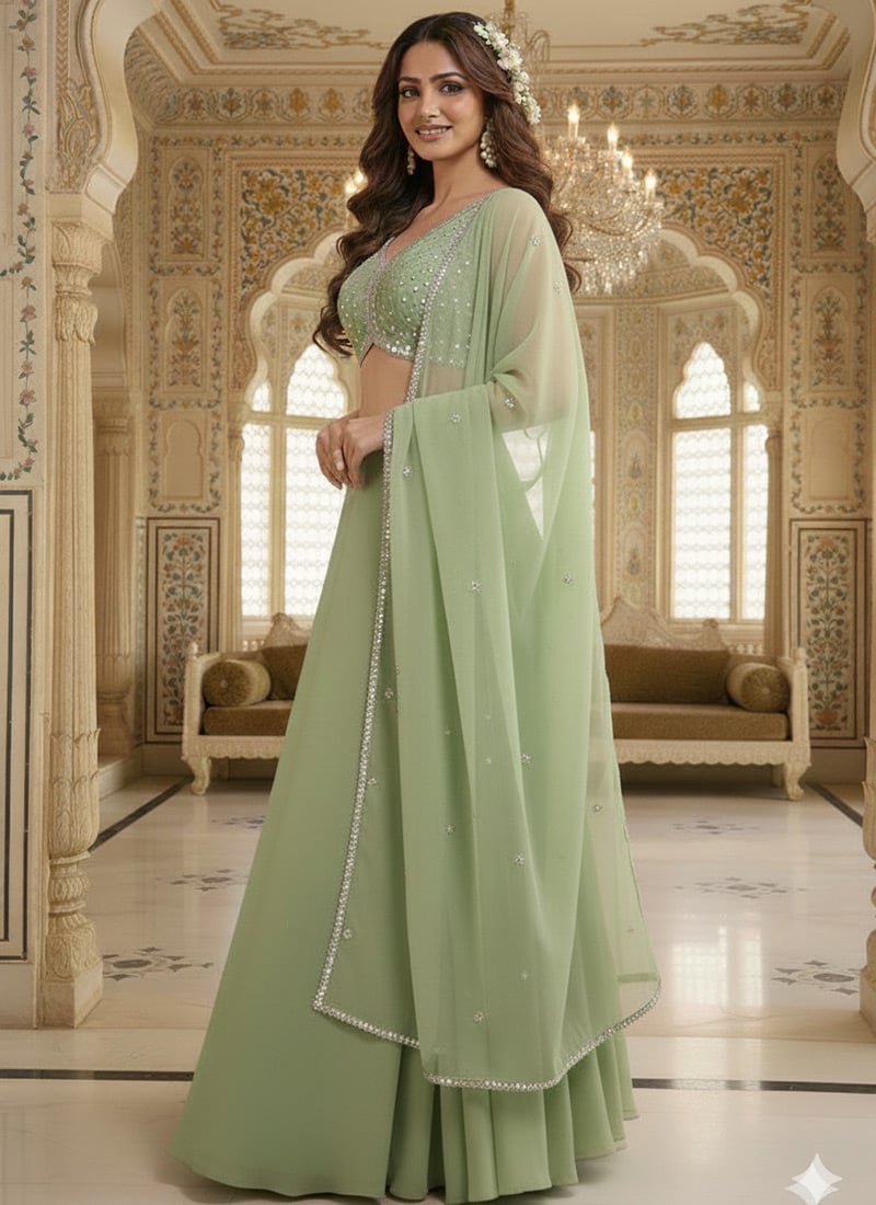 Pista Green Georgette Zari Mirror Hand Work Lehenga  Wedding Wear