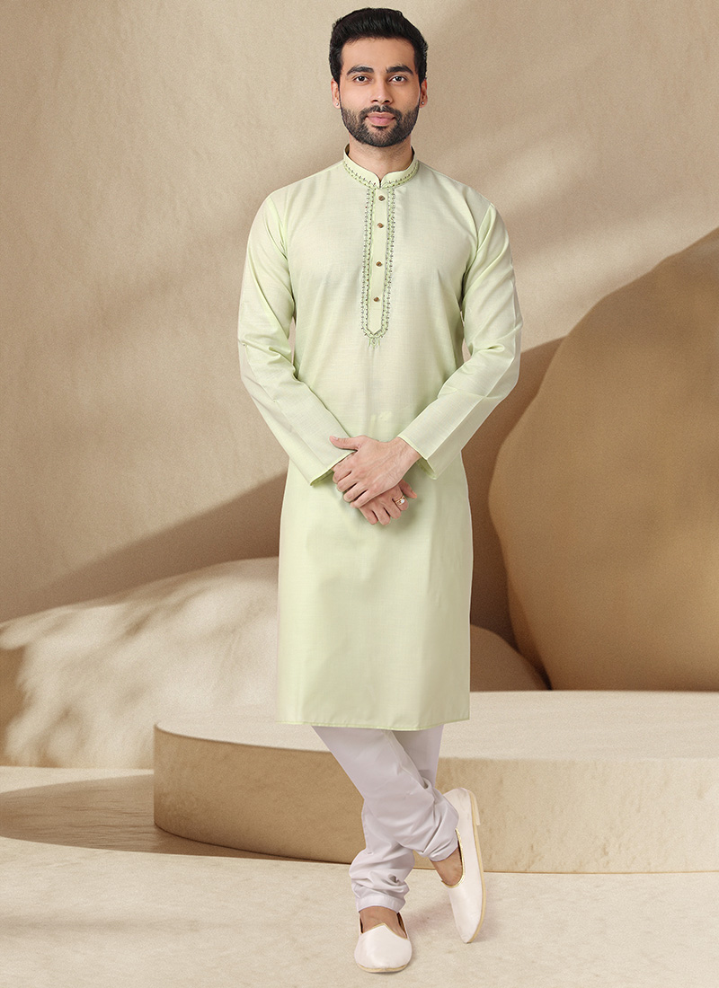 Pista Green Handloom Cotton Kurta Pyjama