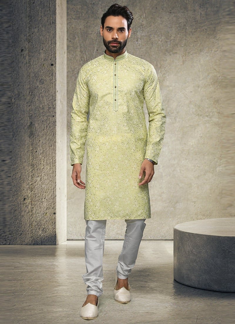 Pista Green Handloom Cotton Kurta Pyjama Party Wear