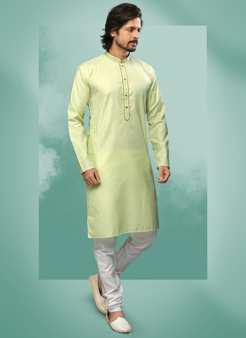 Pista Green Handloom Cotton Solid Stitch Kurta Pyjama Party Wear
