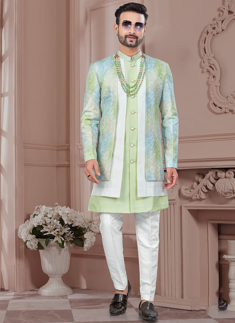 Pista Green Imported Banarasi Silk Embroidered Sequins Indowestern Sherwani