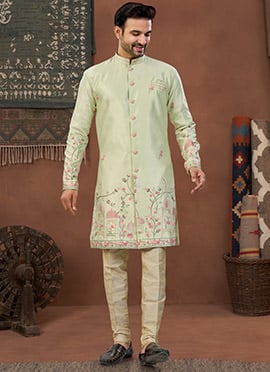 Pista Green Imported Silk Elegant Thread Sequins Indowestern Sherwani