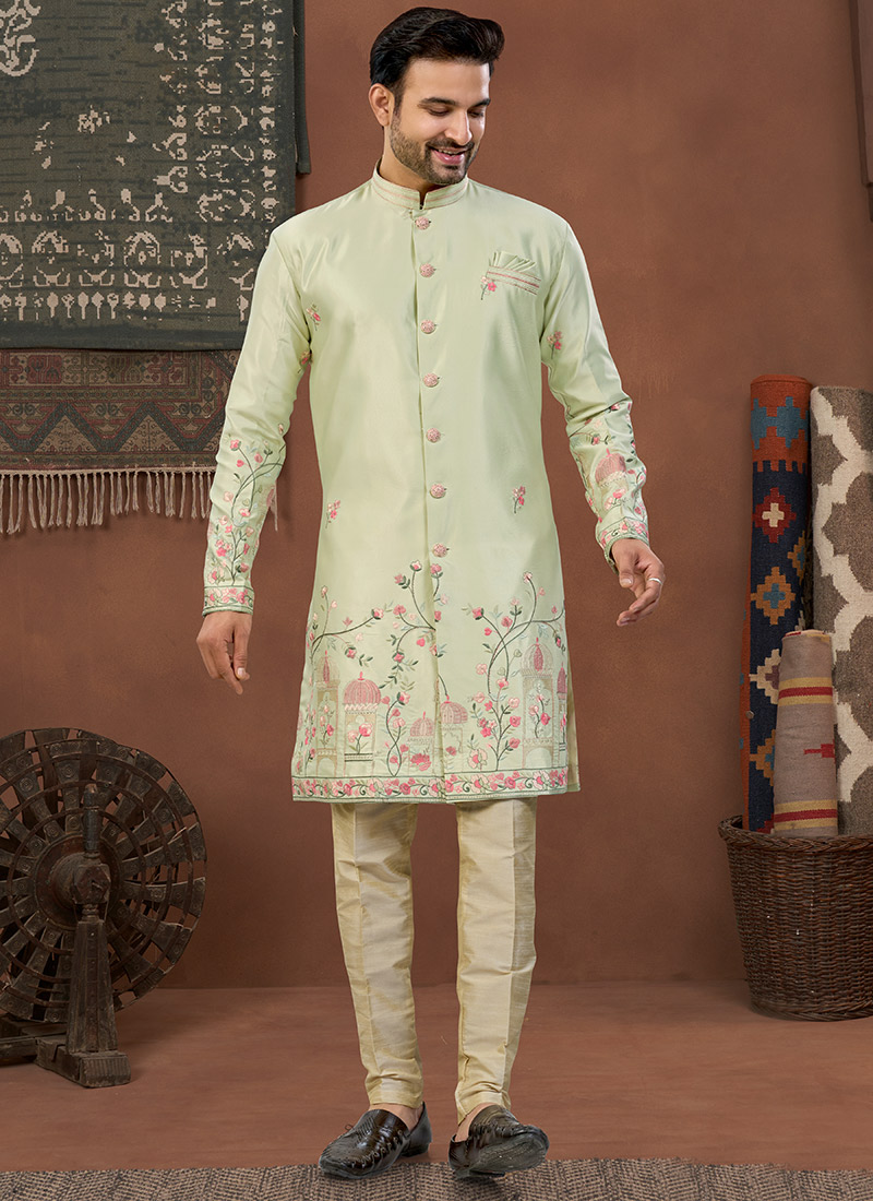 Pista Green Imported Silk Elegant Thread Sequins Indowestern Sherwani Wedding Wear