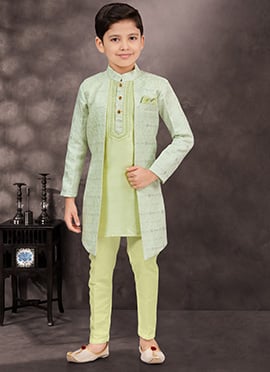 Pista Green Jacquard Banarasi Silk Thread Sequins Kids Boys Indowestern Sherwani