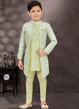 Pista Green Jacquard Banarasi Silk Thread Sequins Kids Boys Indowestern Sherwani