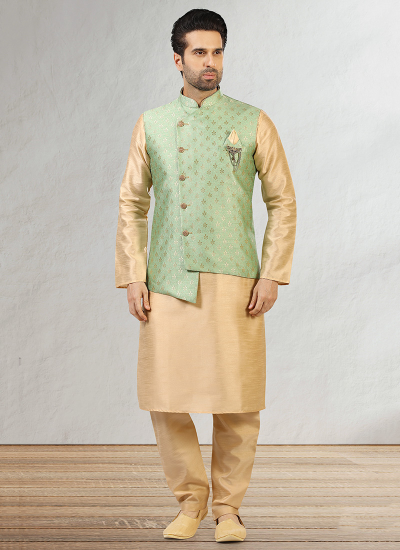 Pista Green Jacquard Benarasi Silk Bandi Set Party Wear