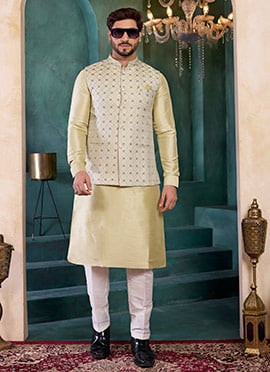 Pista Green Jacquard Silk Bandhgala Jacket