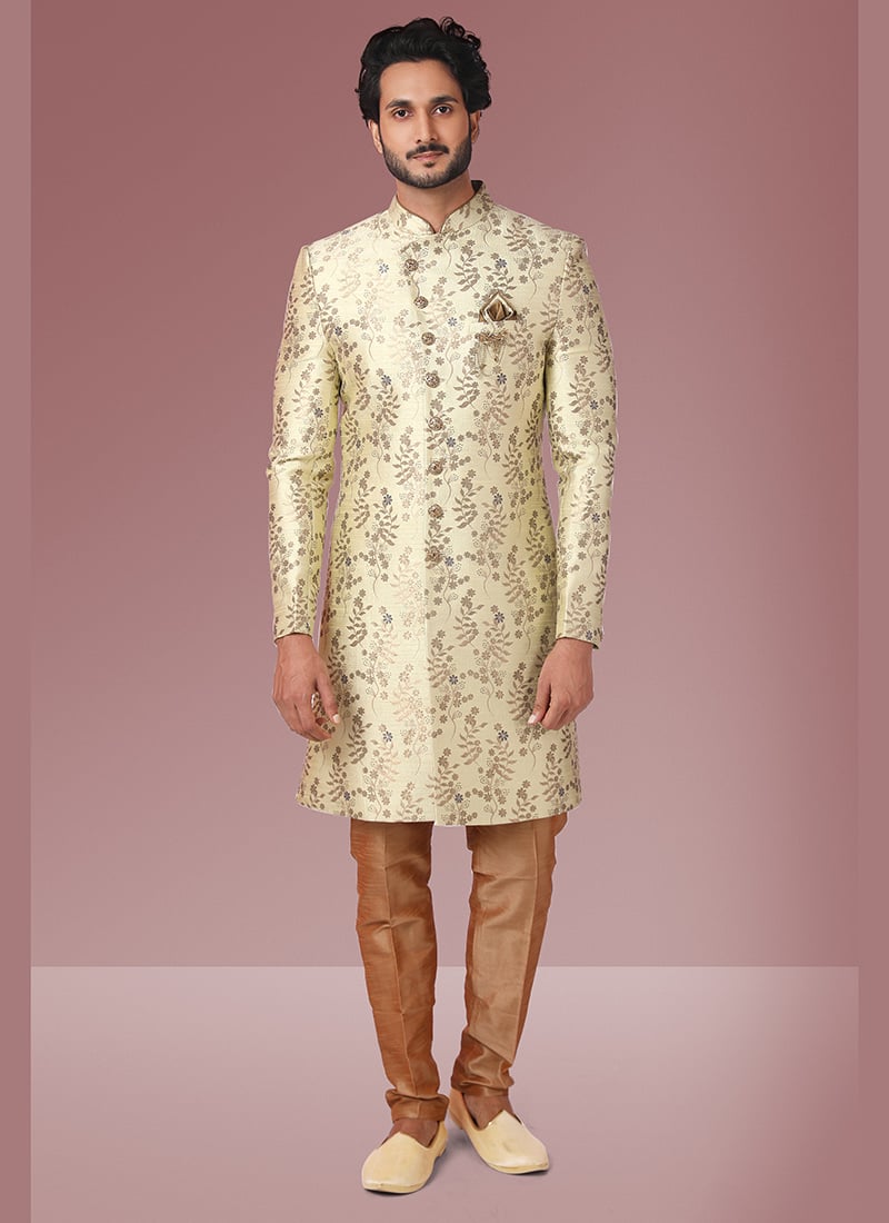Pista Green Jacquard Silk Brocade Classic Sherwani Wedding Wear