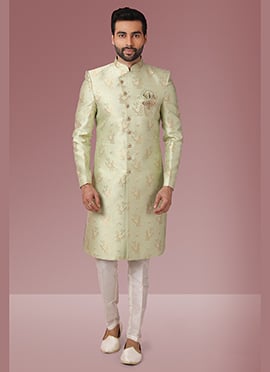 Pista Green Jacquard Silk Brocade Classic Sherwani