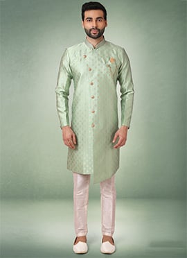 Pista Green Jacquard Silk Brocade Indowestern Sherwani