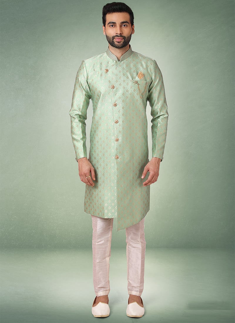 Pista Green Jacquard Silk Brocade Indowestern Sherwani Wedding Wear