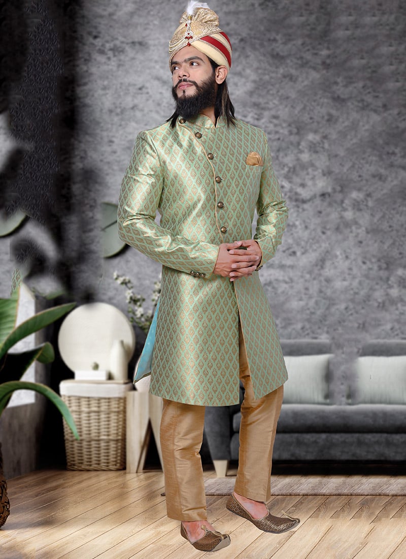 Pista Green Jacquard Silk Classic Sherwani
