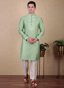 Pista Green Jacquard Silk Embroidered Kurta Pyjama