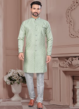 Pista Green Jacquard Silk Embroidered Sequins Indowestern Sherwani