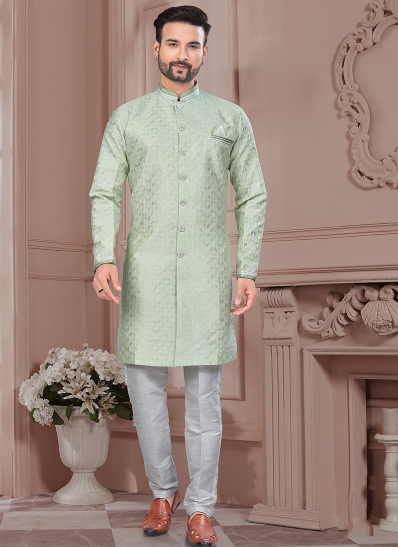 Pista Green Jacquard Silk Embroidered Sequins Indowestern Sherwani Festive Wear