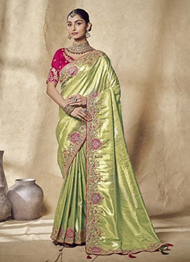Pista Green Jacquard Silk Sequins Zari Embroidered Saree