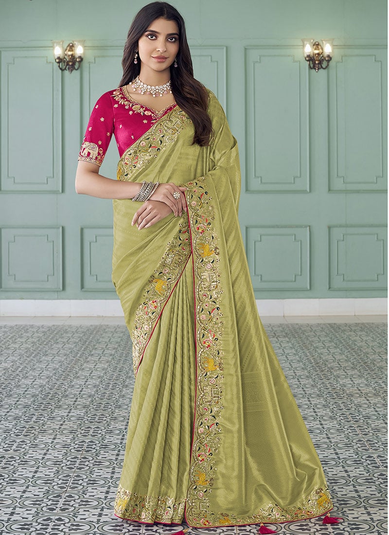 Pista Green Jacquard Silk Sequins Zari Stones Thread Coding Embroidered Saree Wedding Wear