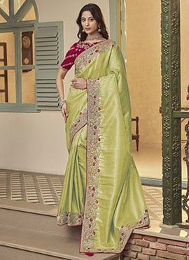 Pista Green Jacquard Silk Stones Embroidered Zari Thread Coding Saree