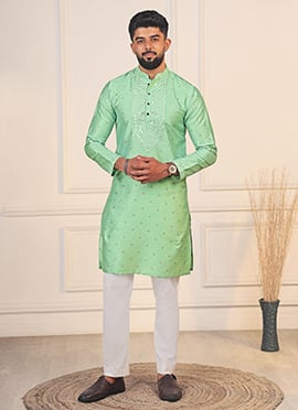 Pista Green Jacquard Silk Thread Embroidered Kurta Pyjama