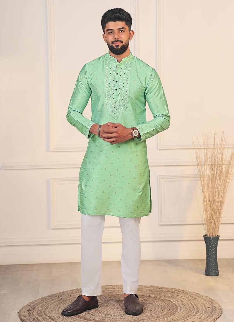 Pista Green Jacquard Silk Thread Embroidered Kurta Pyjama Festive Wear
