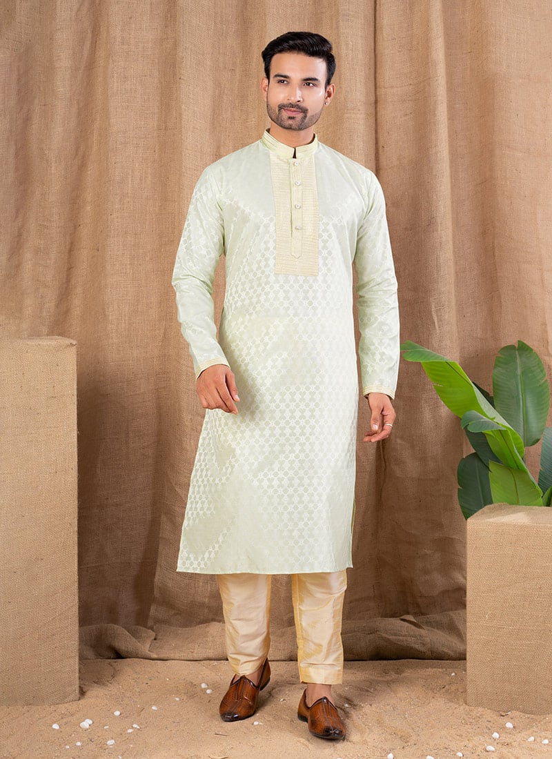 Pista Green Jacquard Silk Woven Kurta Pyjama
