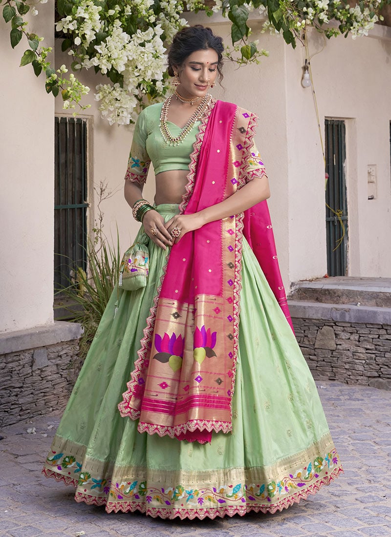 Pista Green Jacquard Silk Zari Embroidered Sequins Lehenga Festive Wear-GHSRK209116