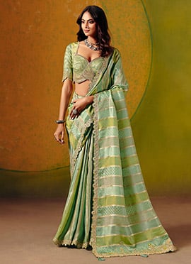 Pista Green Jacquard Silk Zari Embroidered Sequins With Stone Work Saree