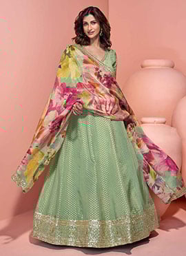 Pista Green Jacquard Silk Zari Sequins Anarkali Suit With Digital Print Dupatta
