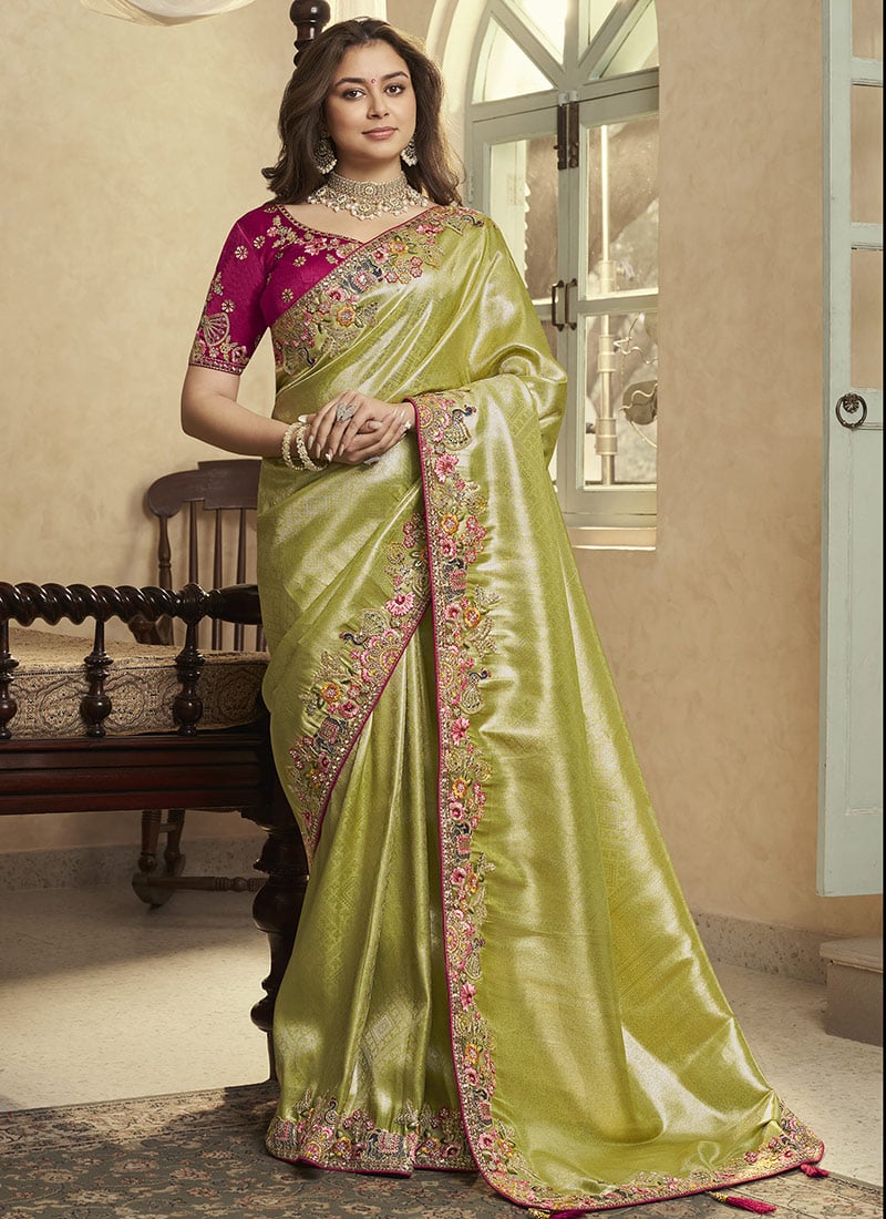 Pista Green Jacquard Silk Zari Sequins Embroidered Stones Thread Coding Saree Wedding Wear