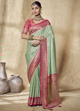 Pista Green Jacquard Silk Zarkan Stone Zari Work Saree