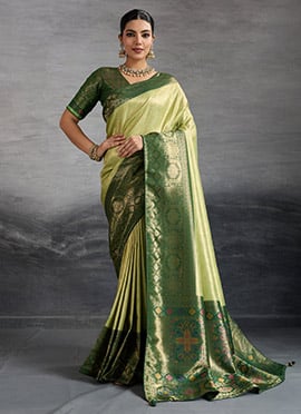 Pista Green Kanjivaram Silk Zari Saree With Kadiyal Pattern Woven Meenakari Woven Pallu