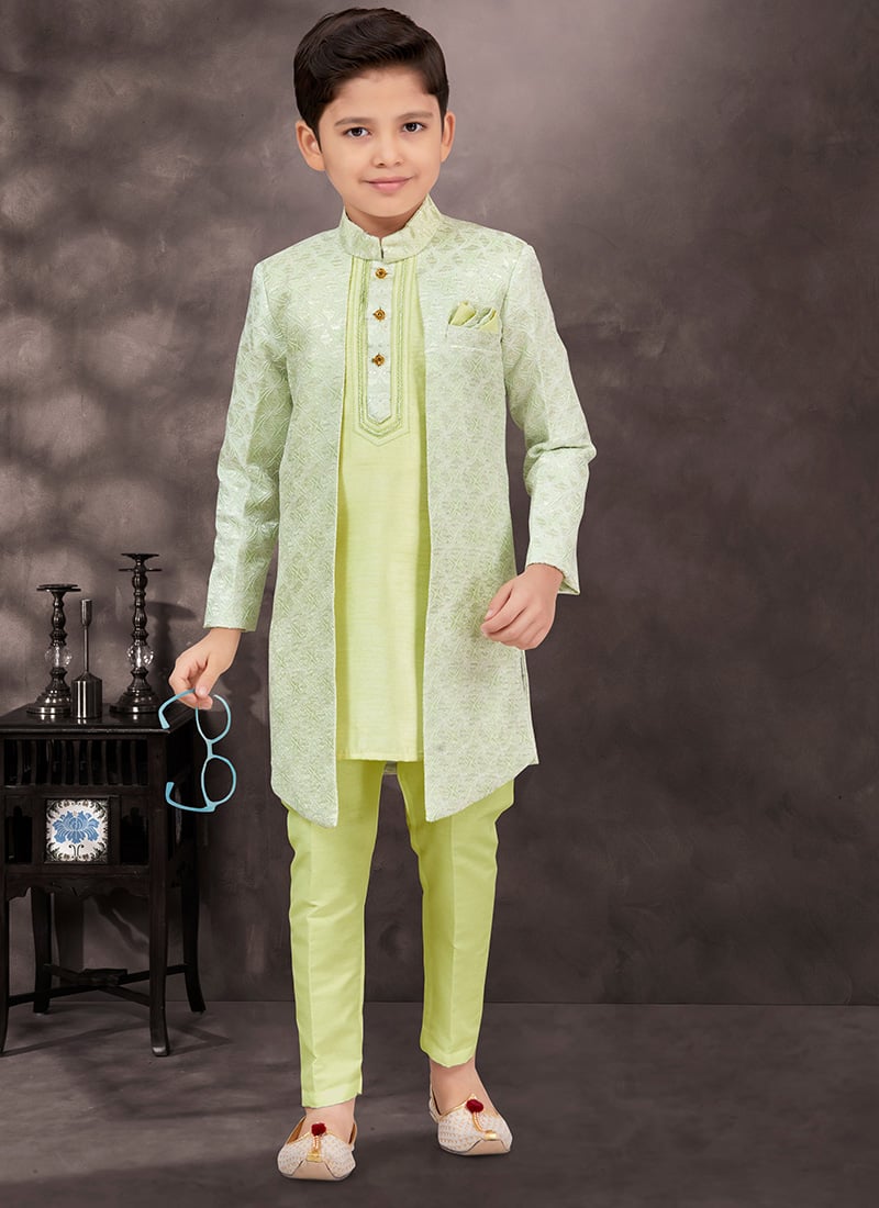 Pista Green Kasak Zari Jacquard Banarasi Silk Sequins Kids Boys Indowestern Sherwani Wedding Wear