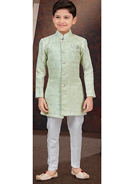 Pista Green Kasak Zari Jacquard Sequins Kids Boys Indowestern Sherwani