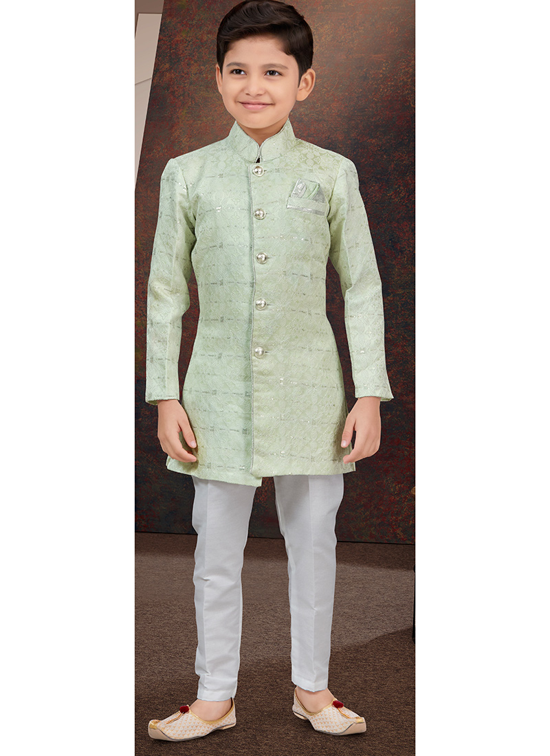 Pista Green Kasak Zari Jacquard Sequins Kids Boys Indowestern Sherwani Wedding Wear