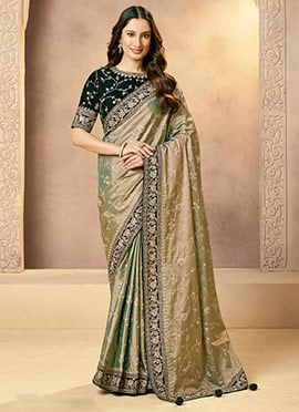 Pista Green Kora Zari Tissue Silk Zardosi Sequins Aari Hand Embroidered Saree