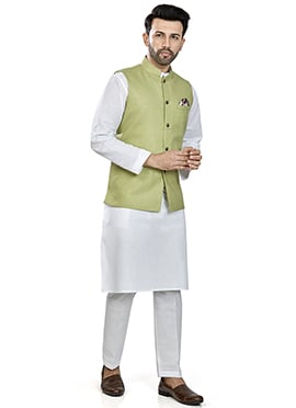 Pista Green Linen Blend Bandi Set