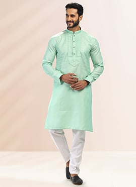 Pista Green Linen Cotton Embroidery Kurta Pyjama