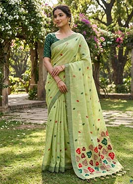 Pista Green Linen Woven Saree