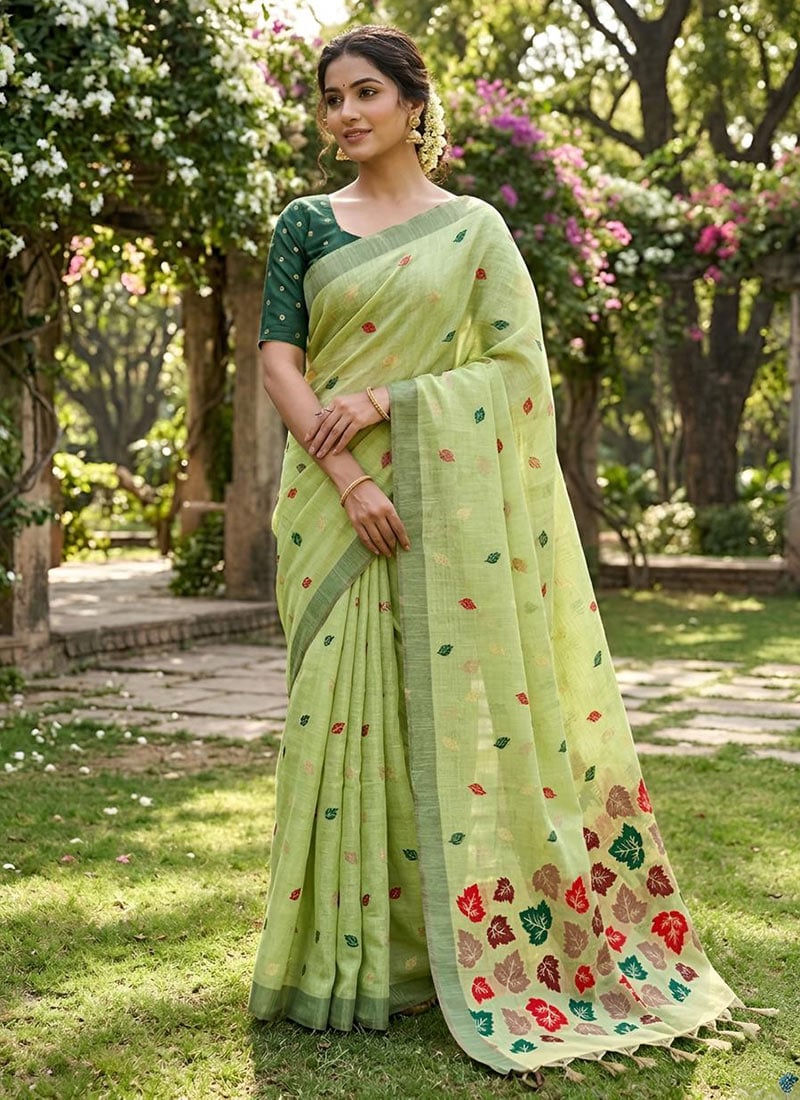 Pista Green Linen Woven Saree After Six Wear