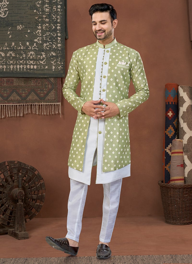 Pista Green Malbari Banarasi Silk Printed Indowestern Sherwani Wedding Wear