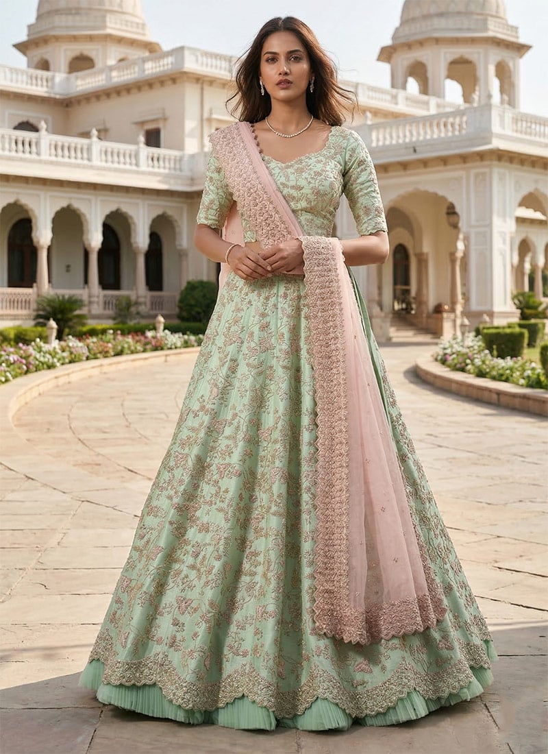 Pista Green Mulberry Silk Sequins Embroidered Zari Work Lehenga Wedding Wear