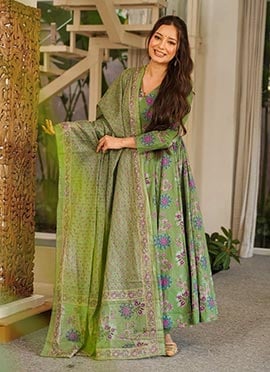 Pista Green Muslin Floral Digital Print Anarkali Suit