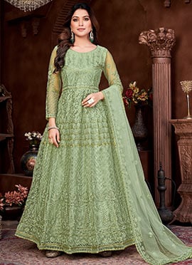 Pista Green Net Embroidered Anarkali Suit