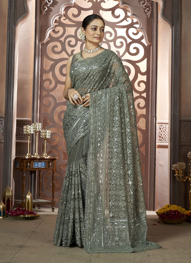 Pista Green Net Embroidered Saree Wedding Wear