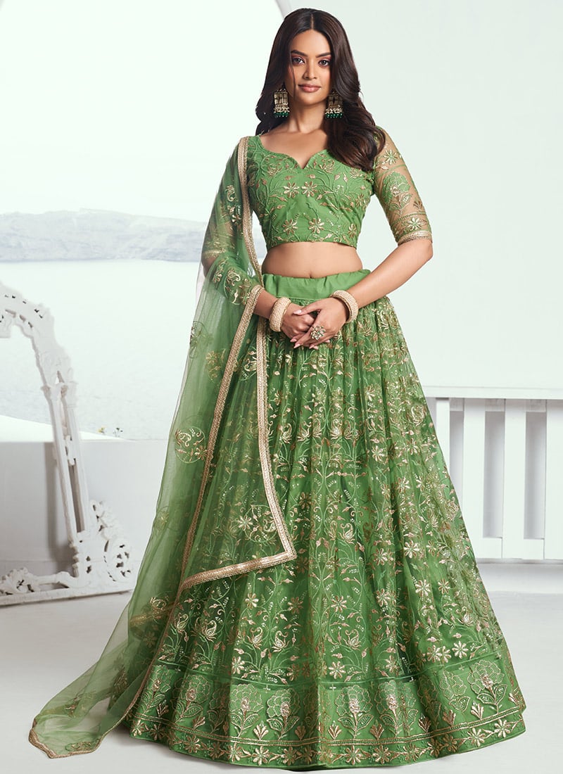 Pista Green Net Embroidered Sequins Classy Lehenga Wedding Wear