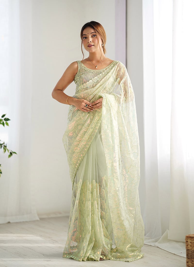 Pista Green Net Embroidered Sequins Classy Saree Festive Wear